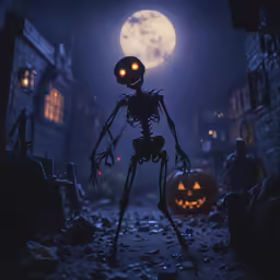a halloween scene with a skeleton on the street