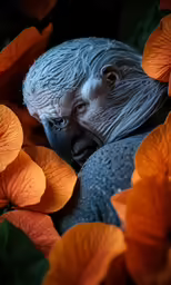 an old man with white hair and blue eyes peering through some leaves
