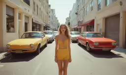 a woman in short yellow dress walking down a street with two cars