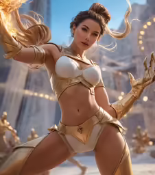 a beautiful woman in a gold costume posing for the camera