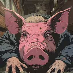 a pig that is on top of a table,a close up of a pig with hands on a floor