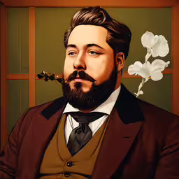 a photo of a man with a beard and suit with a flower on the side,the image is of a man wearing a suit and tie