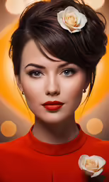 the woman has an interesting haircut and flowers in her hair