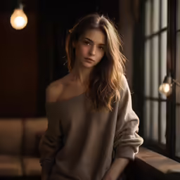 a young woman stands in front of a window
