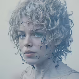 a woman with curly hair is staring to the left