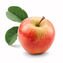 an apple with a leaf on it