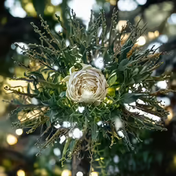 a white rose with leaves and green needles
