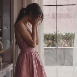 a woman in a pink dress standing next to a window