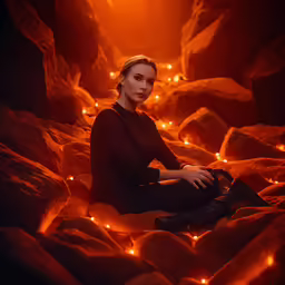 the young woman is sitting in front of bright lights