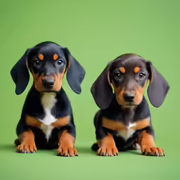 a puppy with two red eyes sits next to another puppy