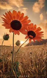 two sunflowers are in a corn field at sunset