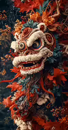 a colorful mask with red leaves around it