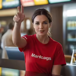 a woman with her hand up in the air