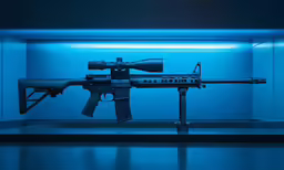 a weapon sitting in a museum looking up at the ceiling