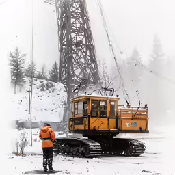 a couple of men standing next to a snow plow