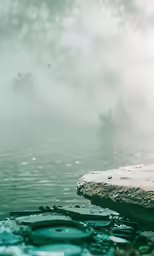 a stone near a lake in a fog