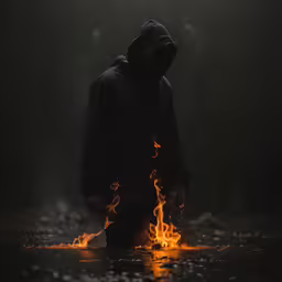 a man in a black jacket stands next to a fire pit