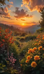 a picture with a sunset and flower garden