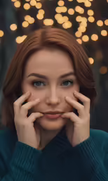 a woman is posing in front of christmas lights