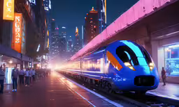 a blue and orange train traveling through a busy city street,train in the city at night with people standing on the platform