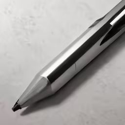 a metal ballpoint pen sitting on top of a table