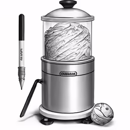 a silver and white ice cream maker sitting on top of a table