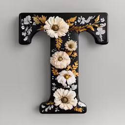 a large letter t with flowers painted on it