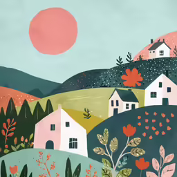 a painting of houses, mountains, and a sun