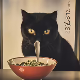a black cat is sitting behind a bowl with a spoon inside