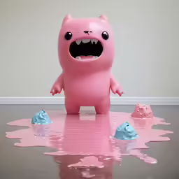 a pink monster stands in front of a bunch of spilled mud