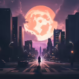 a man walking across a street at night under a moon