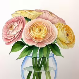 a drawing of some flowers that are in a vase,flowers in a clear vase in water color