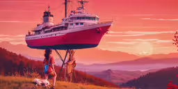 a person and a dog walk past a red boat,a man holding his dog looking at a boat in a body of water