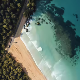 an aerial view of an ocean, a beach and the surrounding land