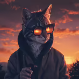 a cat wearing glasses and an oversize coat