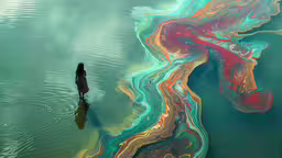 a body of water surrounded by land and sea,a pond with water and some green red blue yellow and white