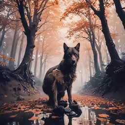 a large brown dog sitting on a wet patch of land in front of trees