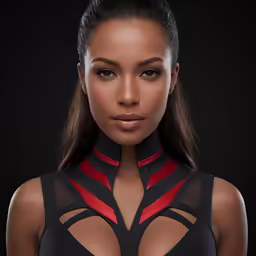 a female in black with red stripes and some bras