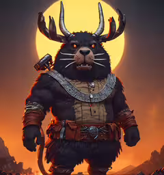 an illustration of a demon with horns standing in front of a full moon,a stylized photo of an animated character with horned arms and horns
