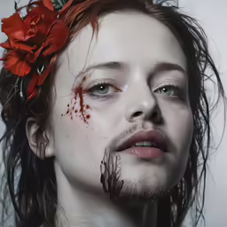 a woman with red flowers in her hair and blood running down her face