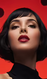 a woman with black hair wearing red lipstick