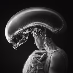 a jellyfish in black and white with the head up