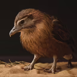 a bird with feather and standing still in the sand