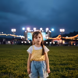 the little girl is posing in front of the fireworks