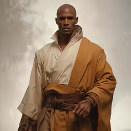 a man in a robe, standing in front of a cloudy background