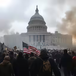 people holding signs and standing in front of the capitol building