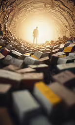 a person stands in the middle of a mosaic with light shining through