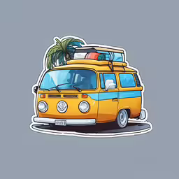 an orange bus with luggage and palm trees on top,an orange bus with palm trees on top