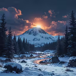 the sun sets over a snowy mountain near trees