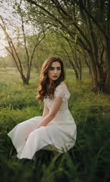 a woman in a white dress sits in the middle of grass